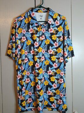 1764 Golf Polo Shirt Men's Large Black Floral (0833E23)